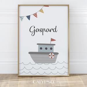 Poster barca per bambini, poster con nome a tema marino, decorazione murale personalizzata