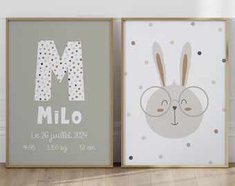 Personalized Birth Poster – Cute Bunny & Name – Baby Room Wall Art