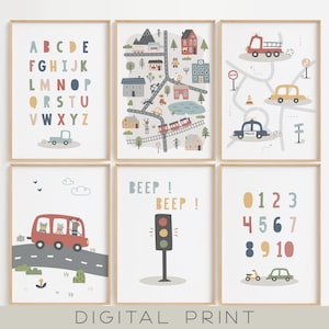 Set de carteles de vehículos para niños, decoración de pared coches, camiones, set de 6 carteles digitales. Descarga digital