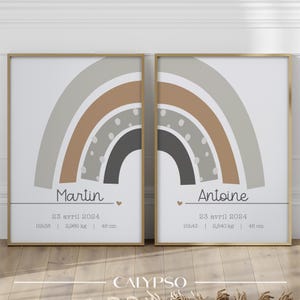 Double Birth Poster for Twins, Rainbow Beige, Khaki and Brown Personalized, Newborn Gift, Wall Art for Brothers