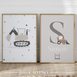 Bulldozer e poster con nome, regalo di nascita, poster personalizzato con macchine edili