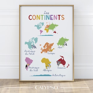 Poster continents du monde multicolore en français, affiche pour enfant