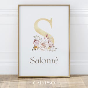 Voornaamposter met bloemeninitiaal voor de kinderkamer, voornaamposter, gepersonaliseerde bloemenmonogramposter, gepersonaliseerd cadeau