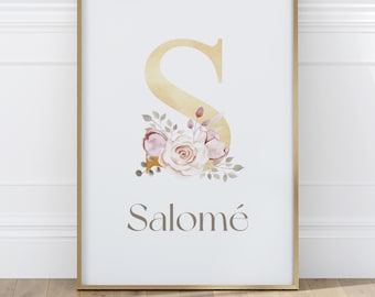 Affiche prénom avec initiale florale pour chambre d'enfant, poster prénom, affiche personnalisée monogramme fleuri, cadeau personnalisé
