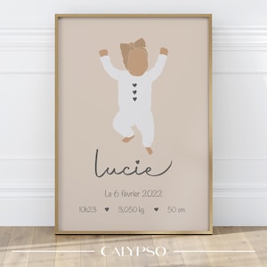 Affiche de naissance personnalisée petite fille, cadeau de naissance, affiche couleurs naturelles, décoration chambre de bébé