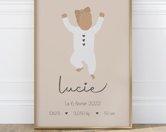 Personalized baby girl birth poster, birth gift, natural color poster, baby room decoration