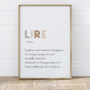 Afiche definición de lectura en francés, afiche minimalista para decoración infantil, aula o sala de juegos.