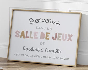 Personalized poster for girls&#39; playroom, pink and beige children&#39;s poster