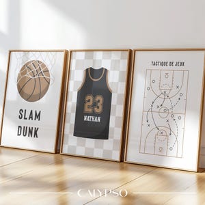 Personalisierte Basketball-Poster für Kinder – 3 Trikot-Poster mit Vornamen und Nummer, Slam Dunk, Spieltaktik