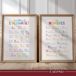 Affiches nombres et alphabet cursif, posters éducatifs multicolores en français pour enfant