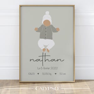 Affiche de naissance garçon personnalisée, cadeau de naissance bébé, affiche couleurs pastelles, couleur de la peau modifiable, déco bébé