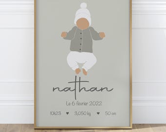 Personalized boy birth poster, baby birth gift, pastel color poster, changeable skin color, baby decor