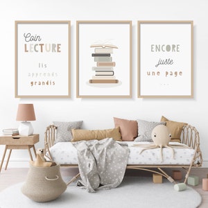 Children's reading corner posters, 3 beige and khaki decorative posters for playroom or school