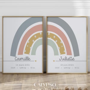 Carteles de nacimiento para gemelos, arco iris minimalista personalizado, regalo para recién nacidos, arte de pared para hermanas