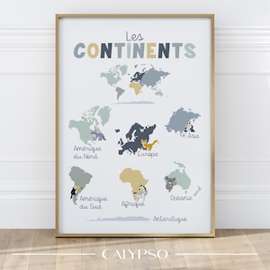 Affiche continents du monde en français, poster décoratif pour école, salle de jeux, bureau