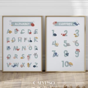 Abtei-Poster und Meereszahlen, Lehrplakat zum Erlernen des Alphabets, pädagogische Dekoration für das Klassenzimmer