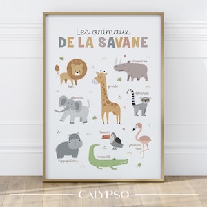 Póster de animales de la sabana para niños, decoración de animales para los más pequeños