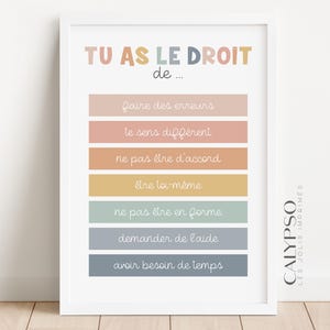 Poster Hai il diritto di..., per l'ufficio di terapia. Poster di autoregolamentazione dell'ansia, poster sulla salute mentale dei bambini in francese