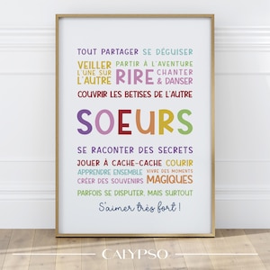 Póster con citas de hermanas, decoración colorida para sala de juegos o dormitorio de niñas.