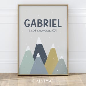 Poster per bambini Montagne innevate, poster decorativo con nome in stile scandinavo