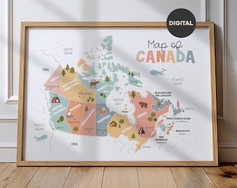 Canada map printable kids provinces illustrated instant download wall art