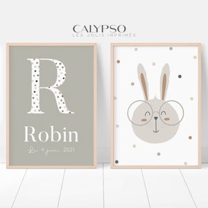 Personalized khaki birth posters, birth gift, baby rabbit poster and first name initial, soft decoration for children's room