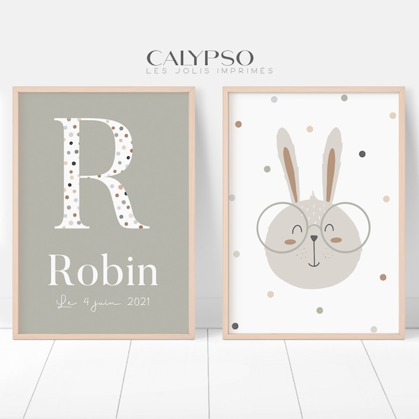 Affiches de naissance kaki personnalisées, cadeau de naissance, affiche bébé lapin et initiale prénom, déco douce pour chambre d'enfant