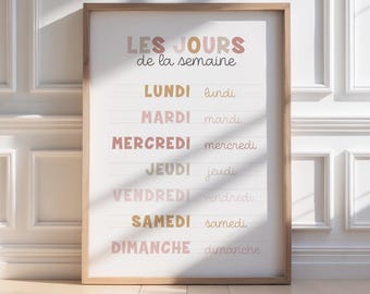 French days of the week poster, bilingual kids wall art, pink nursery learn French girl decor