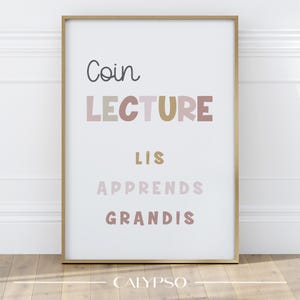 Affiche coin lecture rose – Lis, apprends, grandis – Déco douce pour petite fille