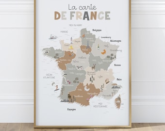 Mapa de Francia para niños, principales ciudades, tonos caqui, beige y camel, póster de geografía francesa para el aula.