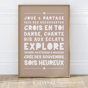 Afiche de frases positivas en francés para niños, afiche sobre fondo marrón para zonas de juego infantiles, cree en ti mismo