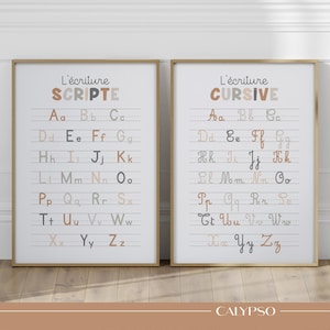 Affiches alphabet cursif et script – Posters éducatifs tons neutres pour enfant