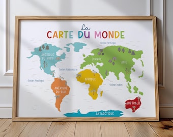 Colorful world map in French, wall decoration for children
