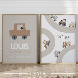 Carteles de nacimiento de automóviles y vehículos en la carretera, regalo de nacimiento personalizado para bebé niño