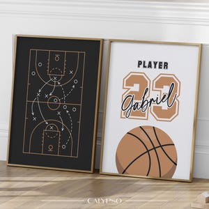Póster de baloncesto personalizado para niños – Lote de 2 pósteres con nombre, número y cancha