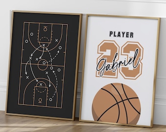 Poster da basket personalizzato per bambini – 2 poster con nome, numero e campo da gioco