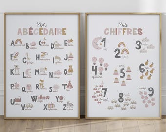 Pink alphabet and numbers posters for little girls, educational poster for the classroom or children&#39;s playroom