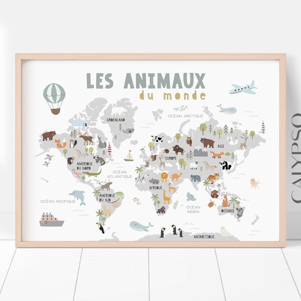 Affiche carte du monde pour enfants, les animaux du monde, illustration carte murale au style scandinave