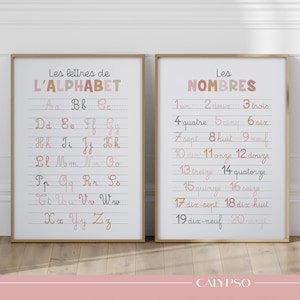 May include: Two framed educational prints. The left print displays the alphabet in cursive, with the title "Les lettres de L'ALPHABET". The right print shows numbers 1-20 in cursive, titled "Les NOMBRES". Both prints have a gold frame.