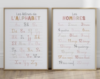 Pósteres rosas con números y letras en letra cursiva para niños