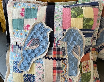 Vintage Quilt Pillow Appliqué Blue Birds LAST ONE