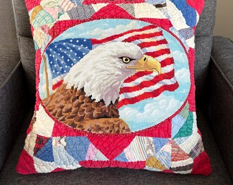 Patriotic Pillow from Vintage Quilt and Eagle Cross Stitch