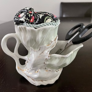 Pin Cushion in Antique Shaving Scuttle