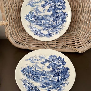 Vintage Blue Transferware Wedgwood Countryside Dinner Plates Set of 2
