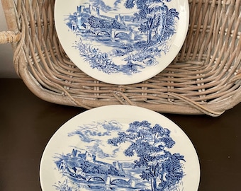 Vintage Blue Transferware Wedgwood Countryside Dinner Plates Set of 2