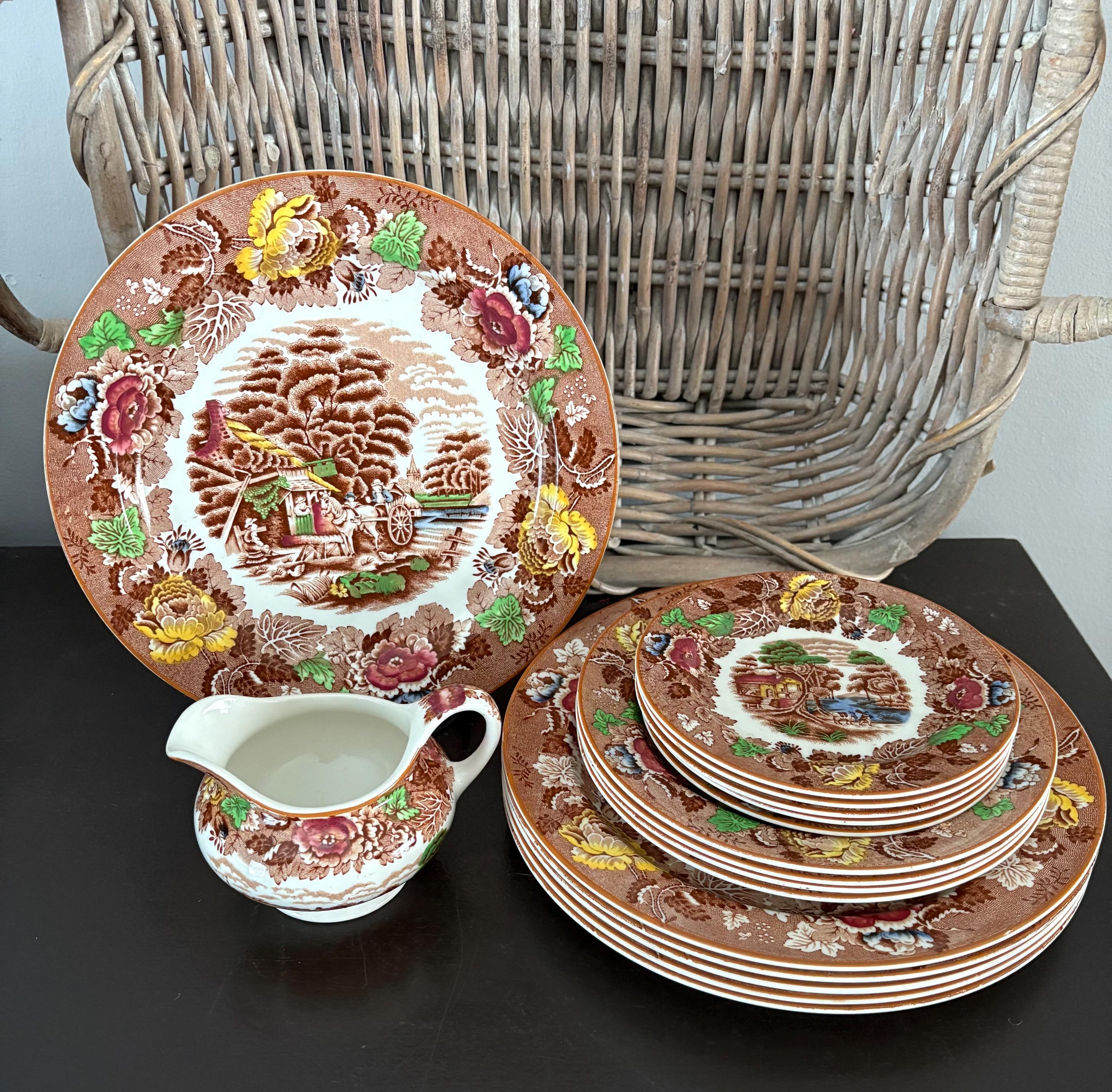 アンティーク wood&sons 英国 enoch wood's 赤絵 2枚 皿 Enoch Woods English Scenery SET OF FOUR Pink Red 8” SALAD