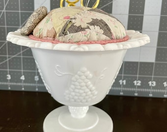 Pin Cushion in Vintage Milk Glass Compote