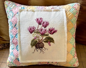 Vintage Quilt Pillow with Cross Stitch