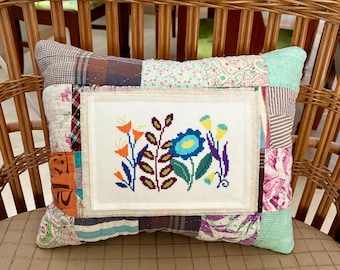 Vintage Quilt Pillow with Cross Stitch