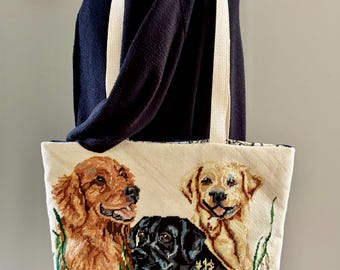 Vintage Needlepoint Tote Retriever Dogs